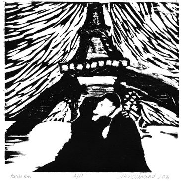 The Kiss, woodcut print on paper